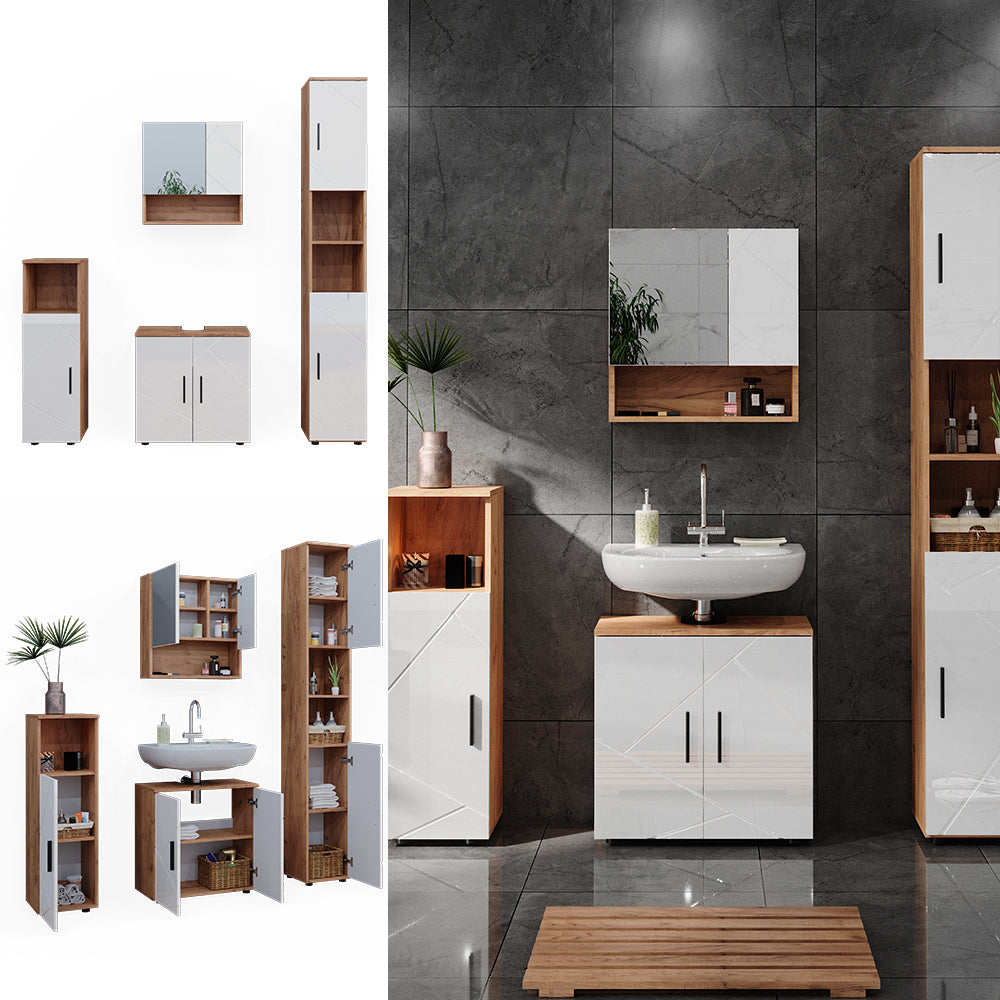 Vicco Set di mobili da bagno Bianco lucido/oro power oak 4 parti, con armadio alto