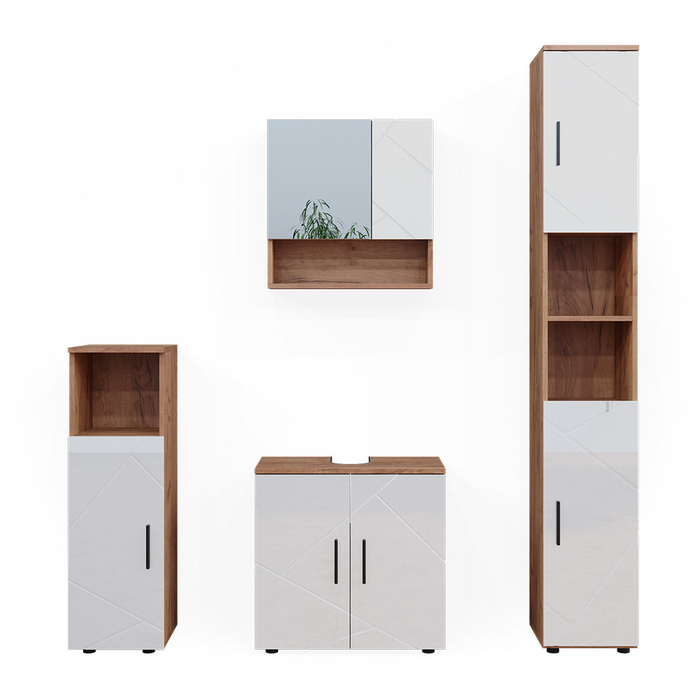 Vicco Set di mobili da bagno Bianco lucido/oro power oak 4 parti, con armadio alto