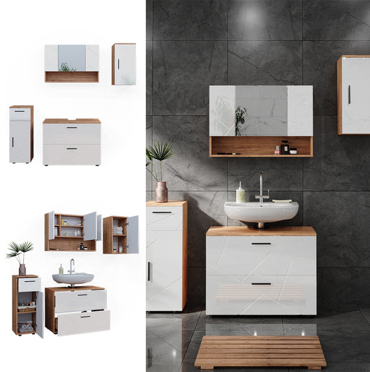 Vicco Set di mobili da bagno Bianco lucido/oro power oak 4 parti