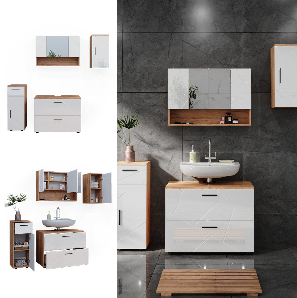 Vicco Set di mobili da bagno Bianco lucido/oro power oak 4 parti