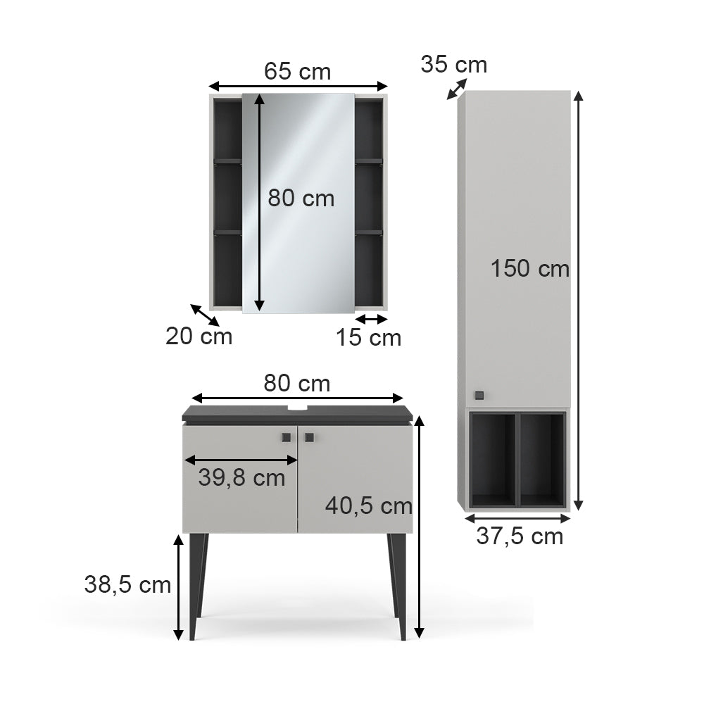 Vicco Set di mobili da bagno Grigio 3 parti, pensile 1 anta
