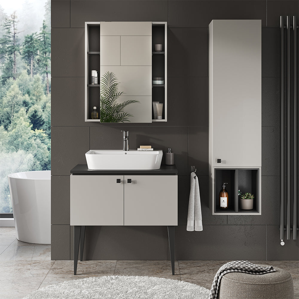 Vicco Set di mobili da bagno Grigio 3 parti, pensile 1 anta