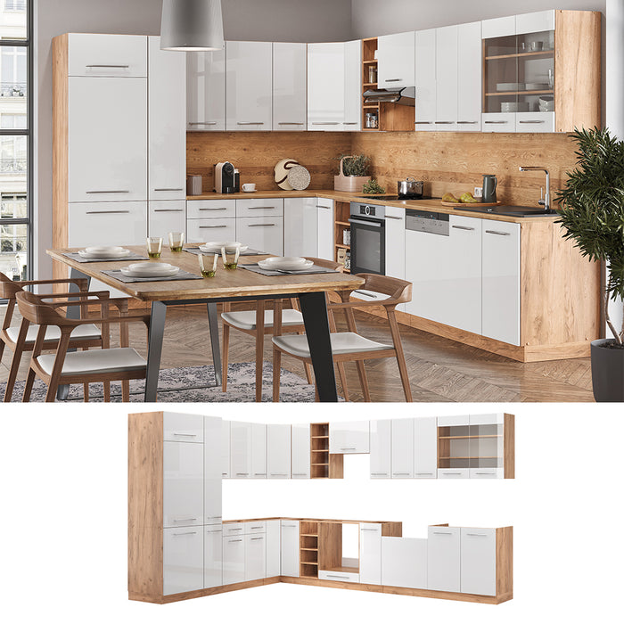 Vicco Cucina angolare completa Bianco lucido/oro power oak 347 x 257 cm senza piano di lavoro