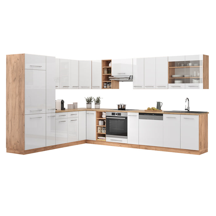 Vicco Cucina angolare completa Bianco lucido/oro power oak 347 x 257 cm senza piano di lavoro
