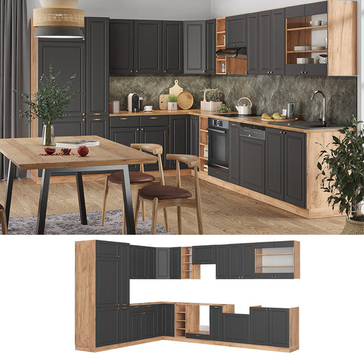 Vicco Cucina angolare completa Antracite Country House/oro Kraft Oak 347 x 257 cm senza piano di lavoro