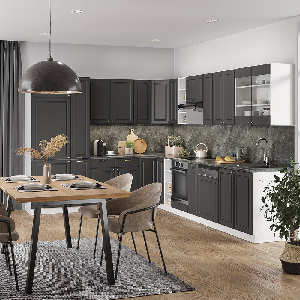 Vicco Cucina angolare completa Antracite casa di campagna/bianco 347 x 257 cm senza piano di lavoro