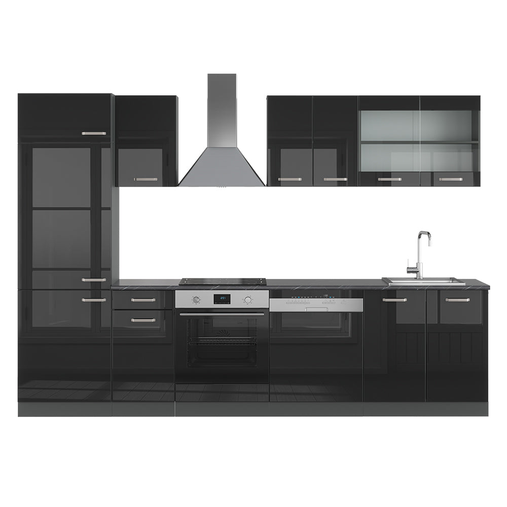 Vicco Cucina componibile Nero lucido/antracite 300 cm senza piano di lavoro