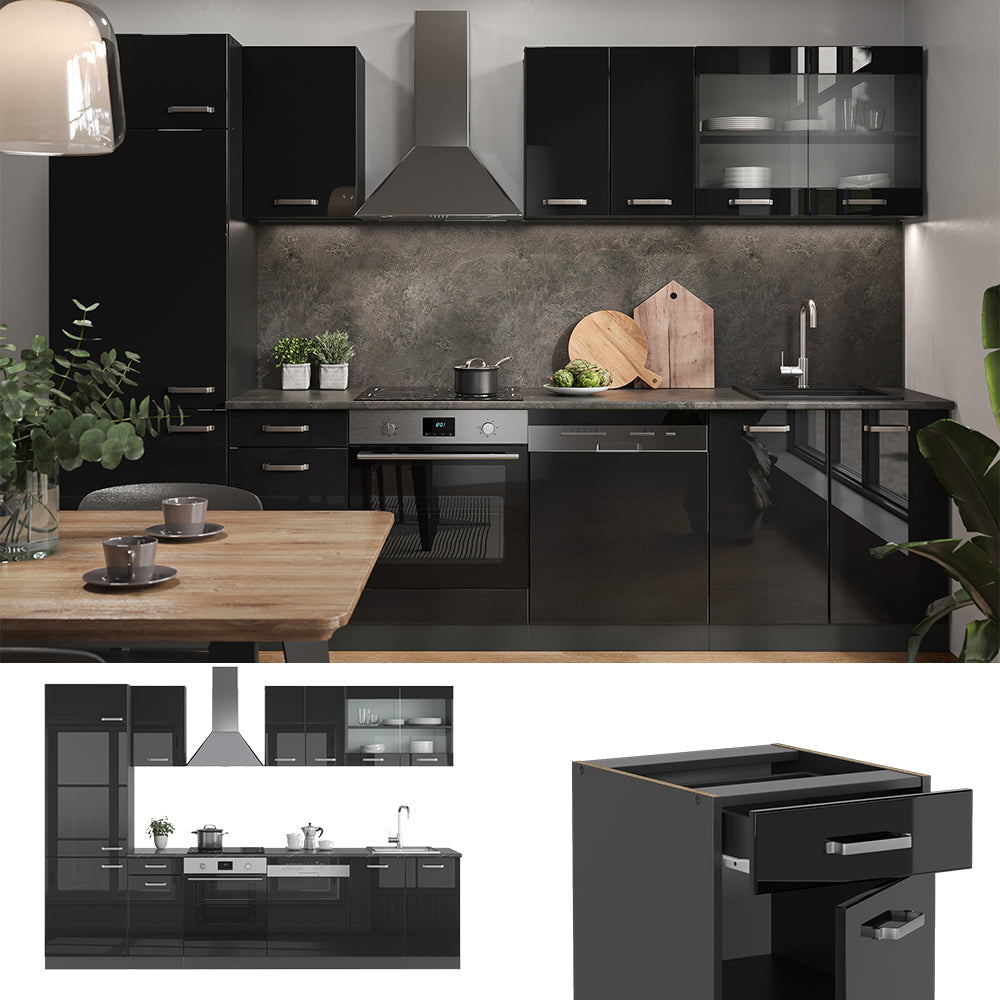 Vicco Cucina componibile Nero lucido/antracite 300 cm senza piano di lavoro