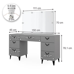 Vicco Tavolo da toeletta Grigio 150 cm con illuminazione a LED