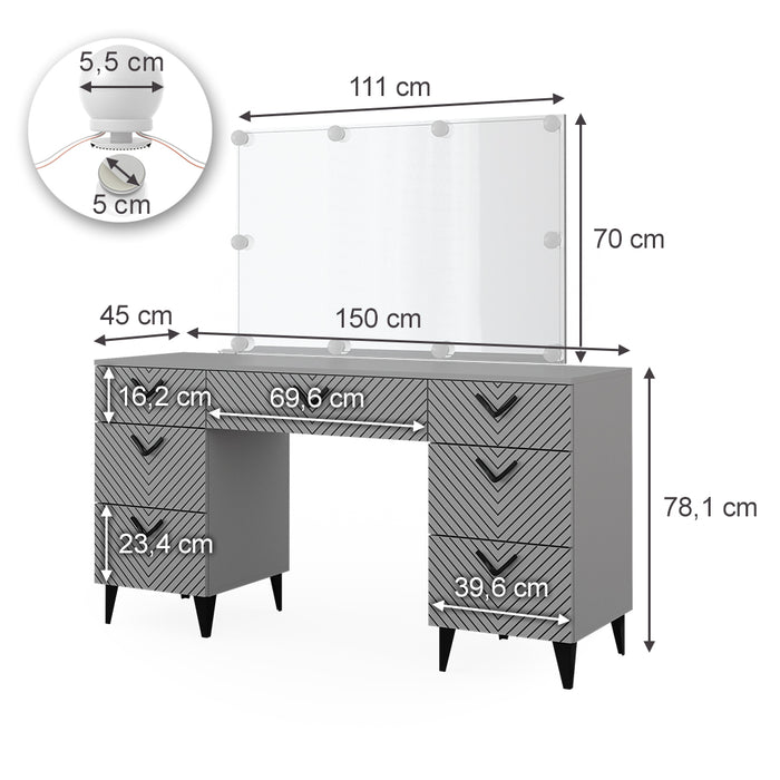 Vicco Tavolo da toeletta Grigio 150 cm con illuminazione a LED