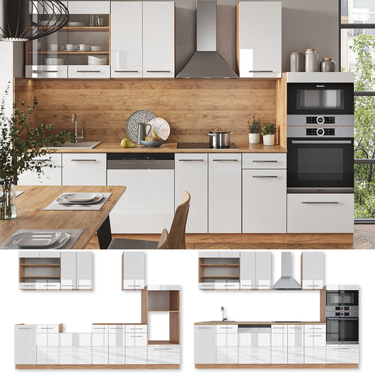 Vicco Cucina componibile Bianco lucido/oro power oak 300 cm con armadio alto, PL Antracite