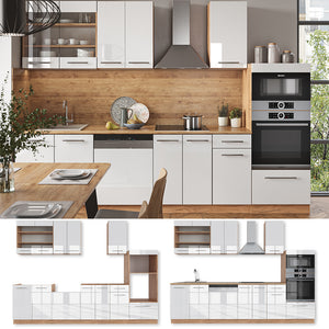 Vicco Cucina componibile Bianco lucido/oro power oak 300 cm con armadio alto, PL Marmo