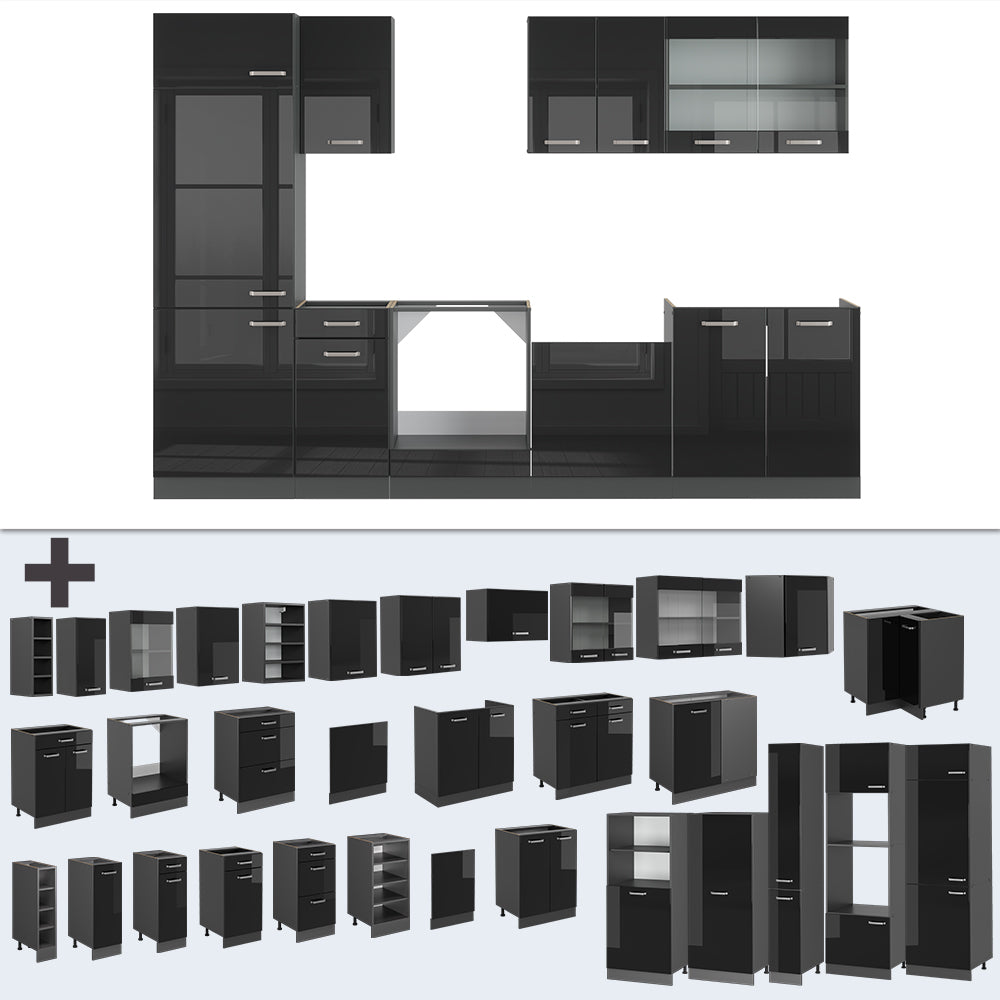 Vicco Cucina componibile Nero lucido/antracite 300 cm senza piano di lavoro