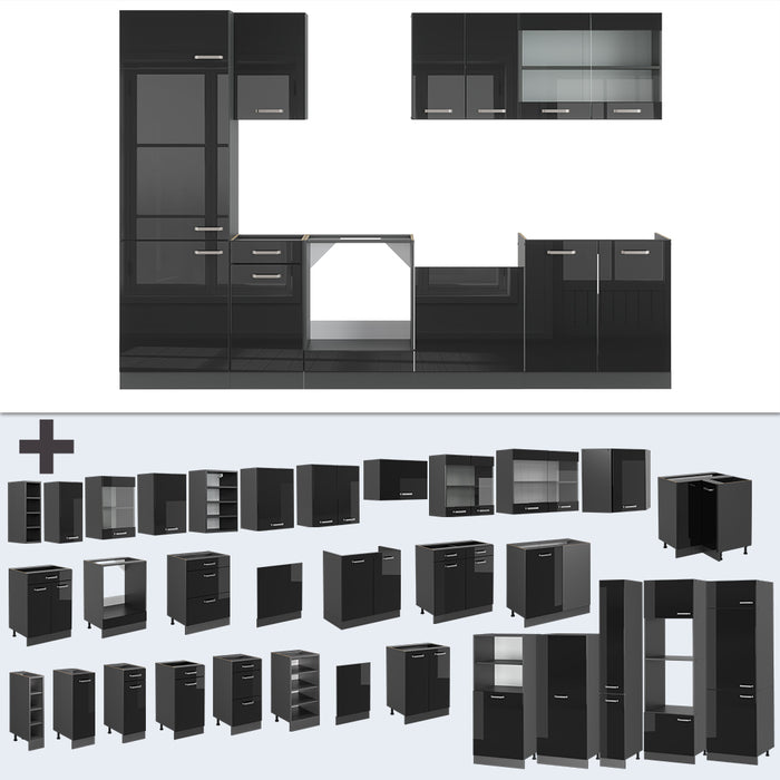Vicco Cucina componibile Nero lucido/antracite 300 cm senza piano di lavoro
