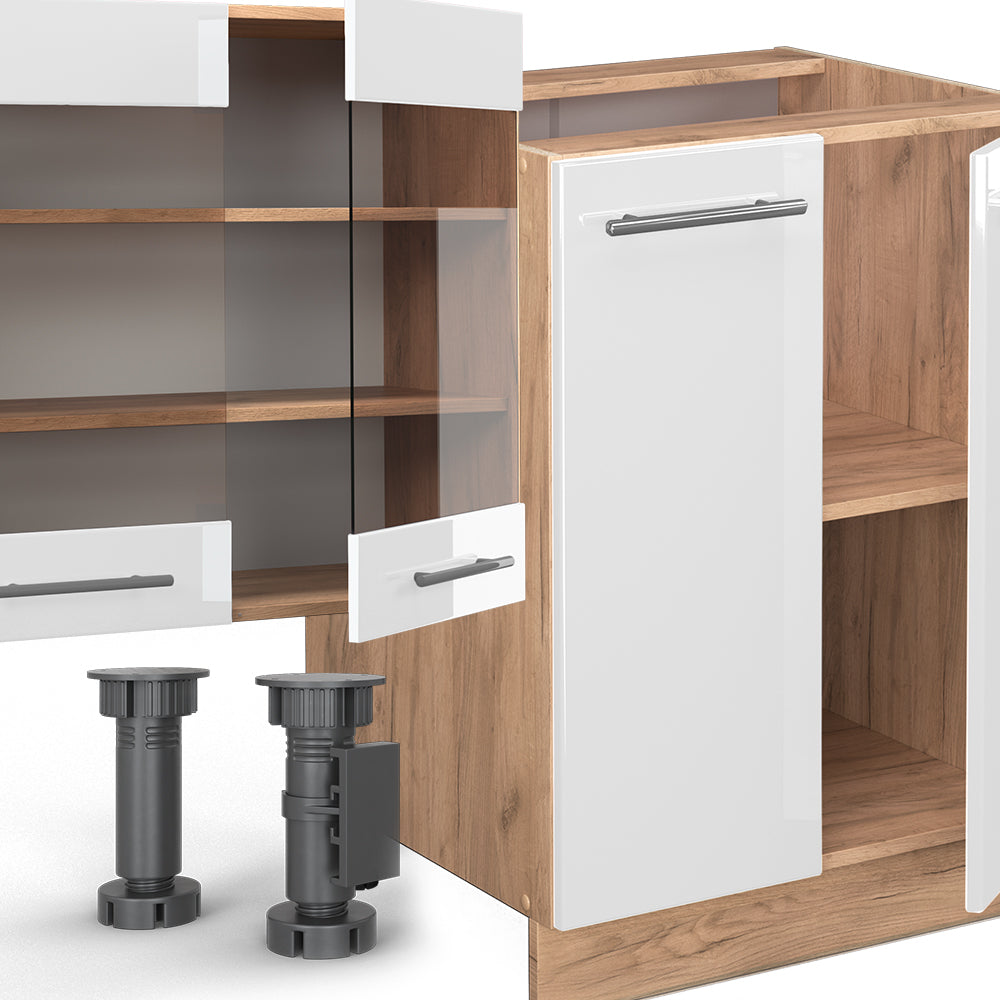 Vicco Cucina componibile Bianco lucido/oro power oak 300 cm con armadio alto, PL Rovere
