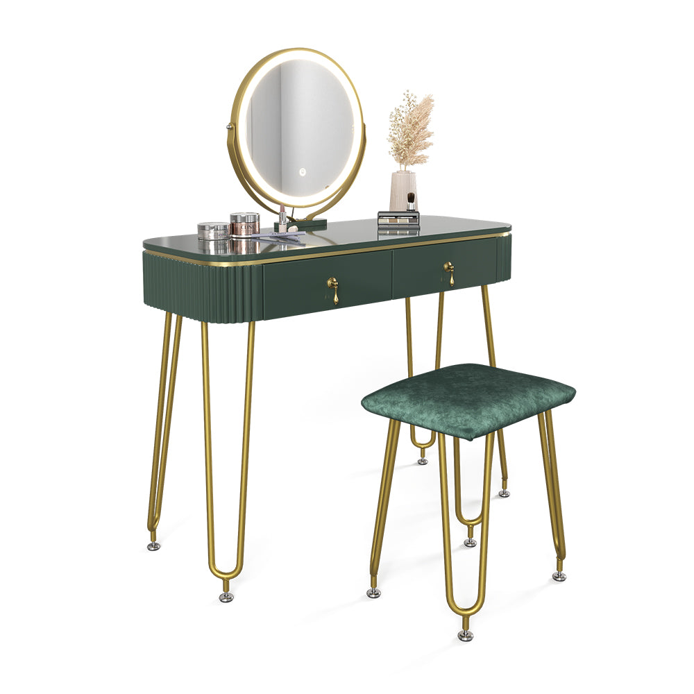 Vicco Tavolo da toeletta Verde scuro lucido 100 cm con illuminazione LED e sgabello