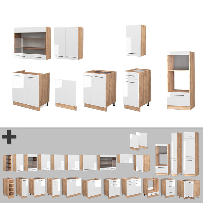 Vicco Cucina componibile Bianco lucido/oro power oak 300 cm con armadio alto, PL Antracite