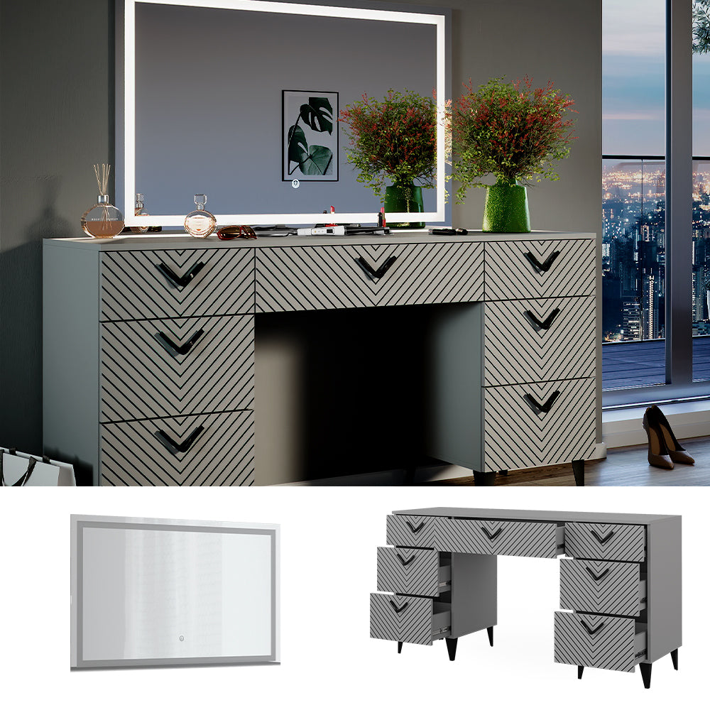 Vicco Tavolo da toeletta Grigio 150 cm con specchio a LED