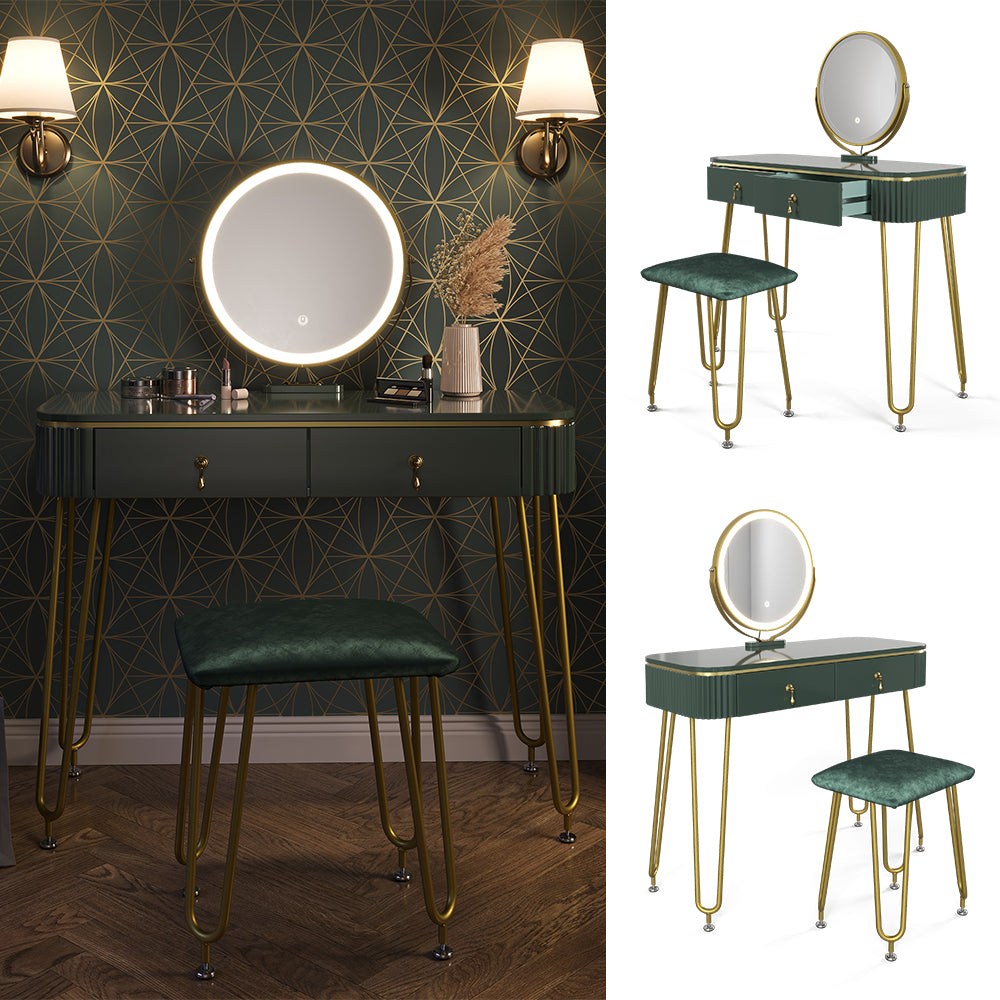 Vicco Tavolo da toeletta Verde scuro lucido 100 cm con illuminazione LED e sgabello