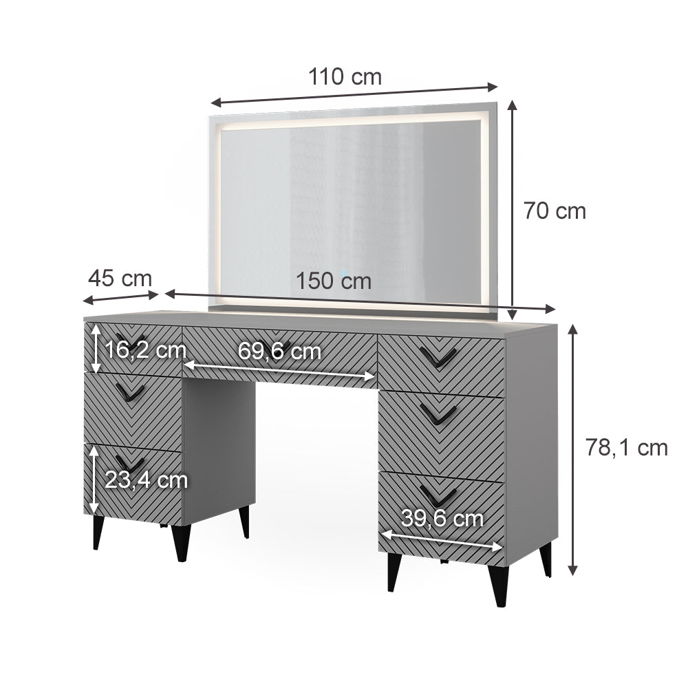 Vicco Tavolo da toeletta Grigio 150 cm con specchio a LED