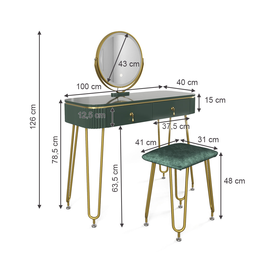 Vicco Tavolo da toeletta Verde scuro lucido 100 cm con illuminazione LED e sgabello