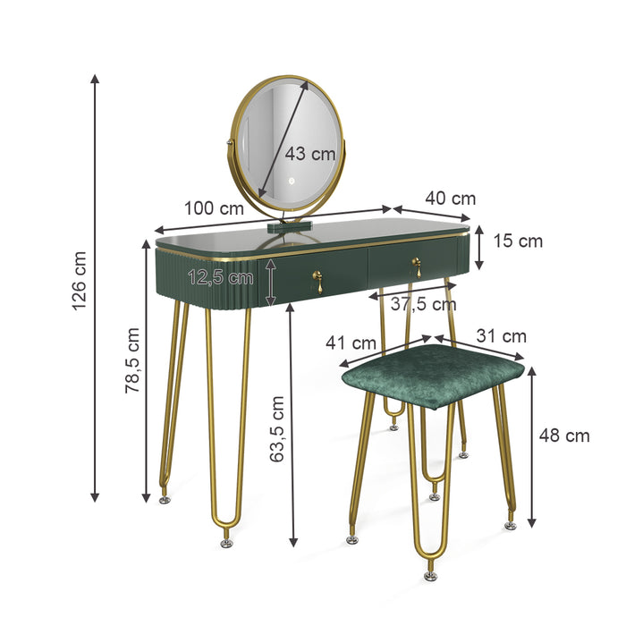 Vicco Tavolo da toeletta Verde scuro lucido 100 cm con illuminazione LED e sgabello