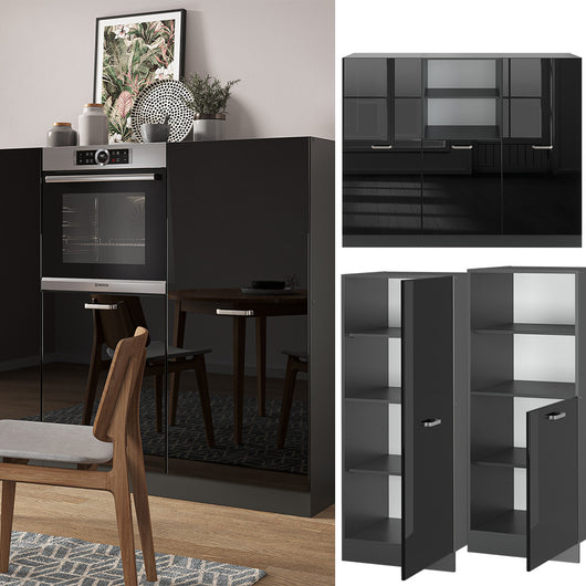 Vicco Cucine componibili piccole Nero lucido/antracite 180 cm senza piano di lavoro