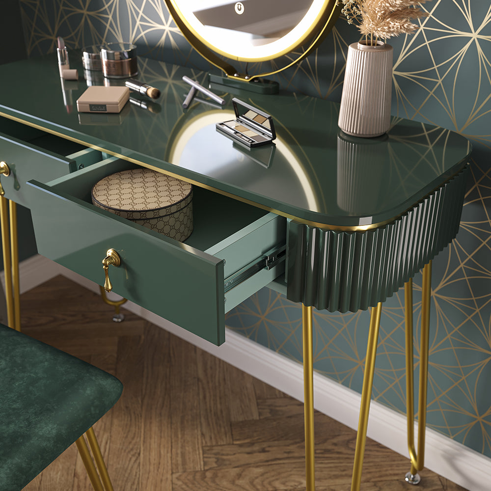 Vicco Tavolo da toeletta Verde scuro lucido 100 cm con illuminazione LED e sgabello