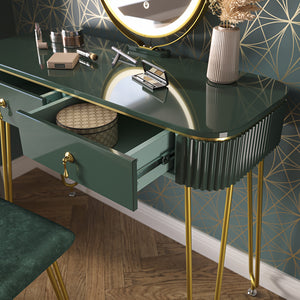 Vicco Tavolo da toeletta Verde scuro lucido 100 cm con illuminazione LED e sgabello