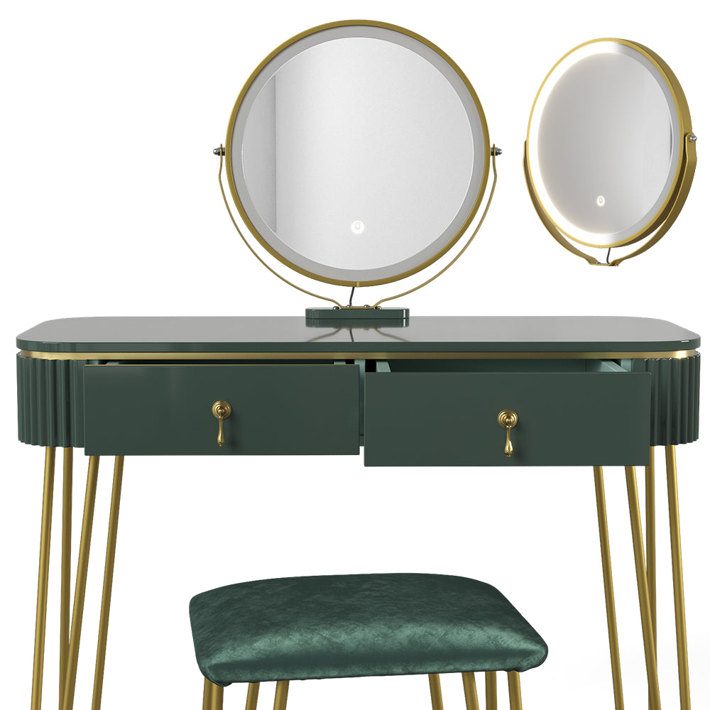 Vicco Tavolo da toeletta Verde scuro lucido 100 cm con illuminazione LED e sgabello