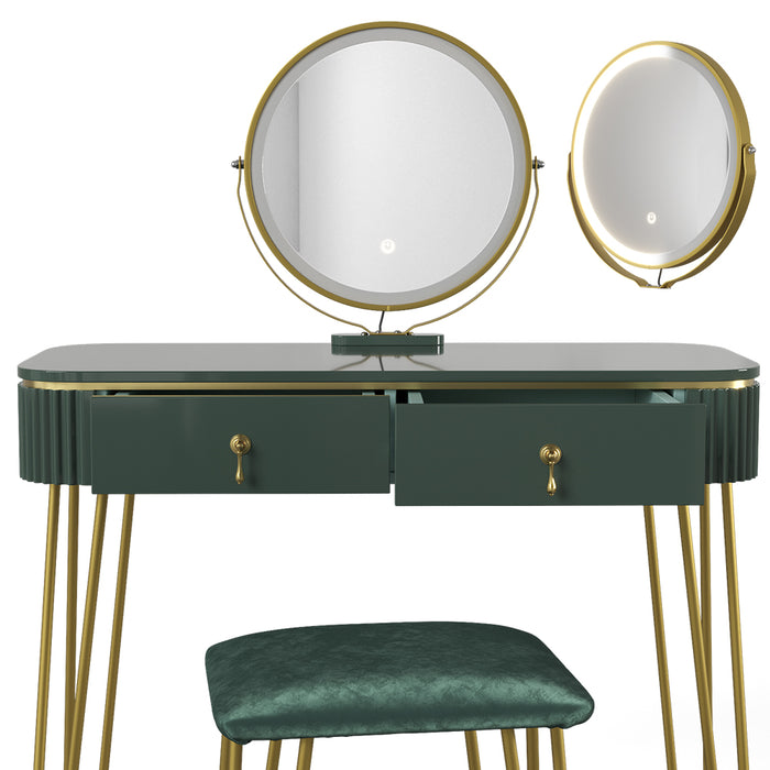Vicco Tavolo da toeletta Verde scuro lucido 100 cm con illuminazione LED e sgabello