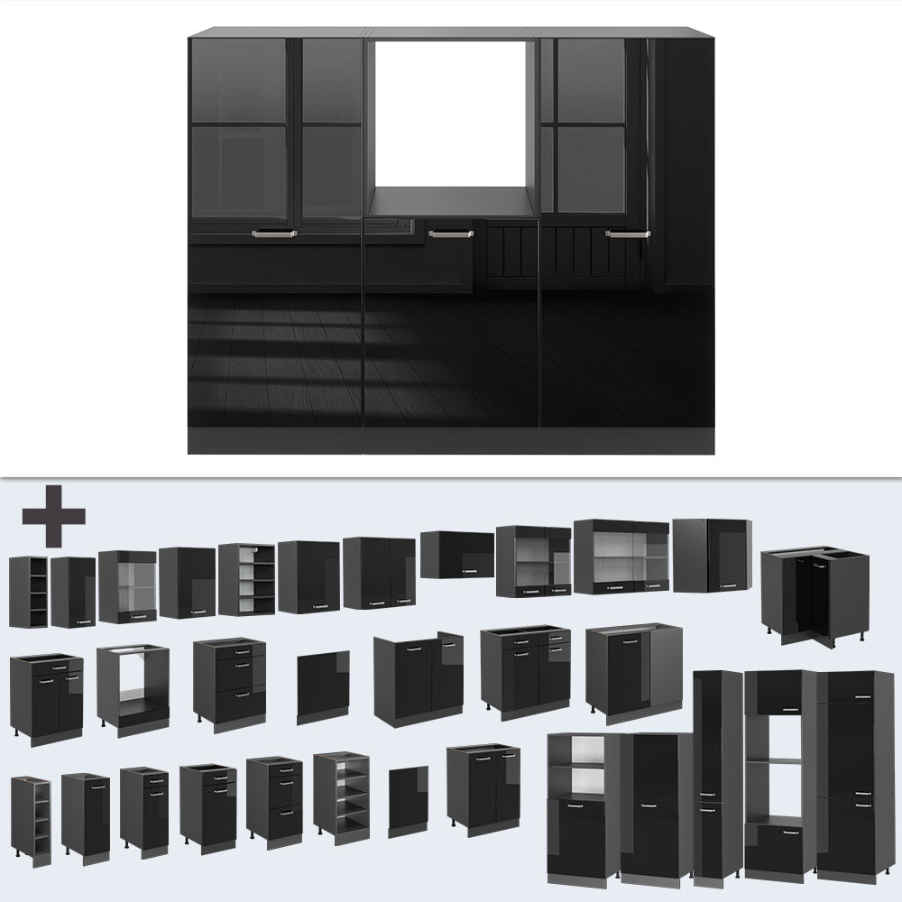 Vicco Cucine componibili piccole Nero lucido/antracite 180 cm senza piano di lavoro