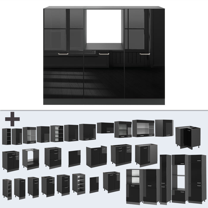 Vicco Cucine componibili piccole Nero lucido/antracite 180 cm senza piano di lavoro