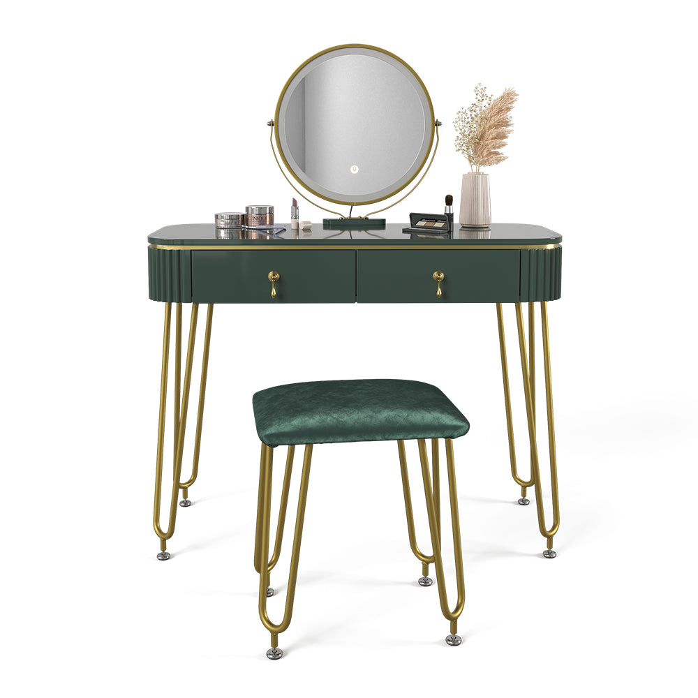 Vicco Tavolo da toeletta Verde scuro lucido 100 cm con illuminazione LED e sgabello