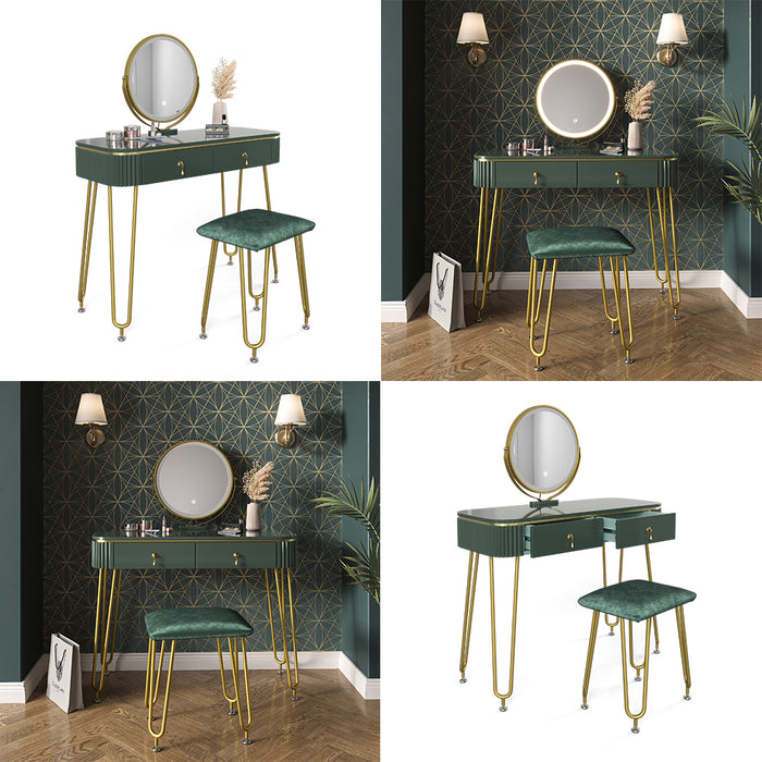 Vicco Tavolo da toeletta Verde scuro lucido 100 cm con illuminazione LED e sgabello