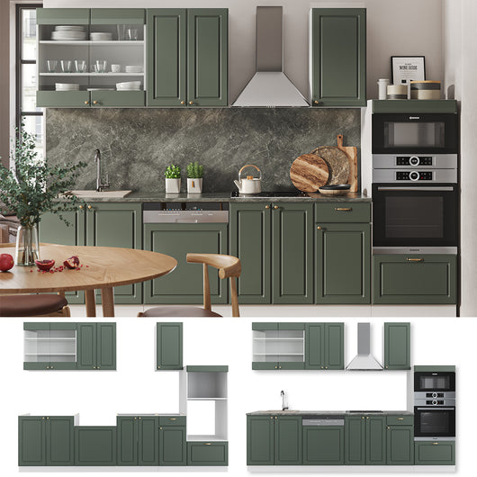 Vicco Cucina componibile Verde-oro Country House/Bianco 300 cm con armadio alto, senza piano di lavoro