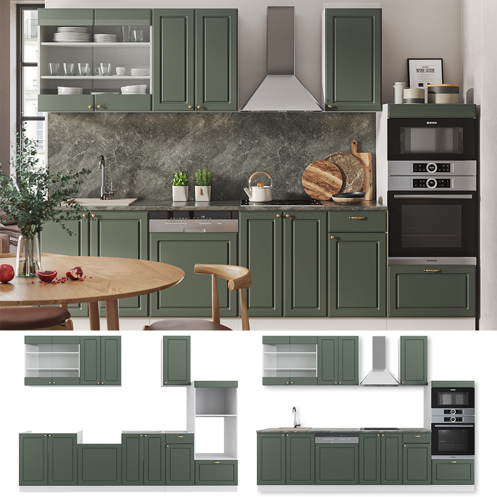 Vicco Cucina componibile Verde-oro Country House/Bianco 300 cm con armadio alto, PL Marmo