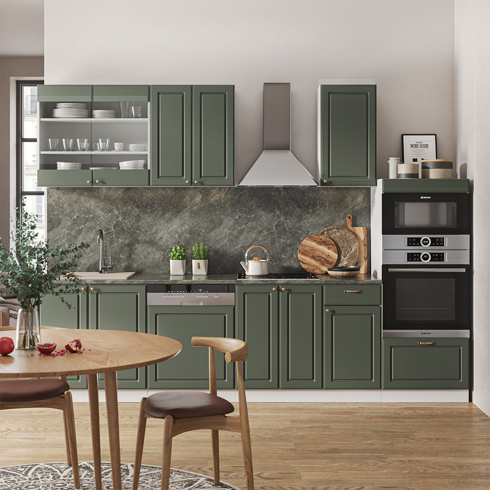 Vicco Cucina componibile Verde-oro Country House/Bianco 300 cm con armadio alto, PL Marmo