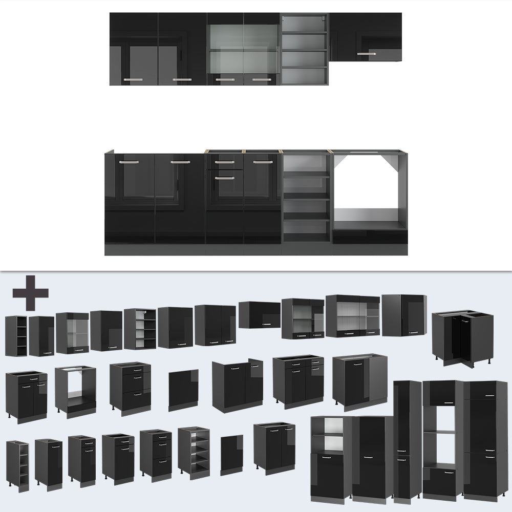 Vicco Cucina componibile Nero lucido/antracite 240 cm senza piano di lavoro