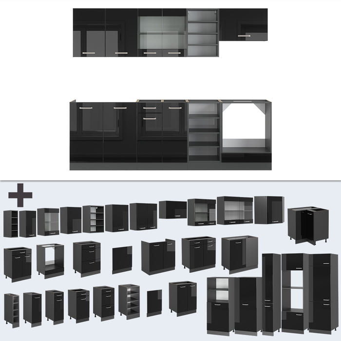 Vicco Cucina componibile Nero lucido/antracite 240 cm senza piano di lavoro