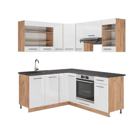 Vicco Cucina angolare completa Bianco lucido/oro power oak 160 x 190 cm , PL Antracite