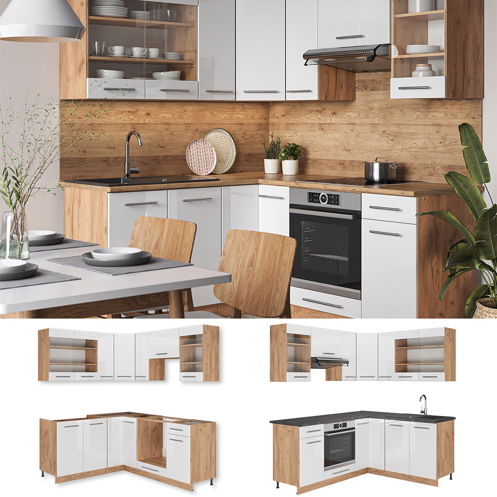 Vicco Cucina angolare completa Bianco lucido/oro power oak 160 x 190 cm , PL Rovere