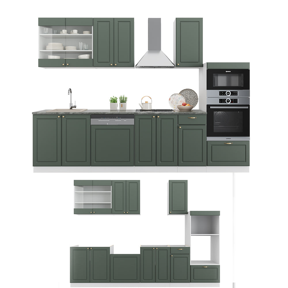 Vicco Cucina componibile Verde-oro Country House/Bianco 300 cm con armadio alto, PL Marmo