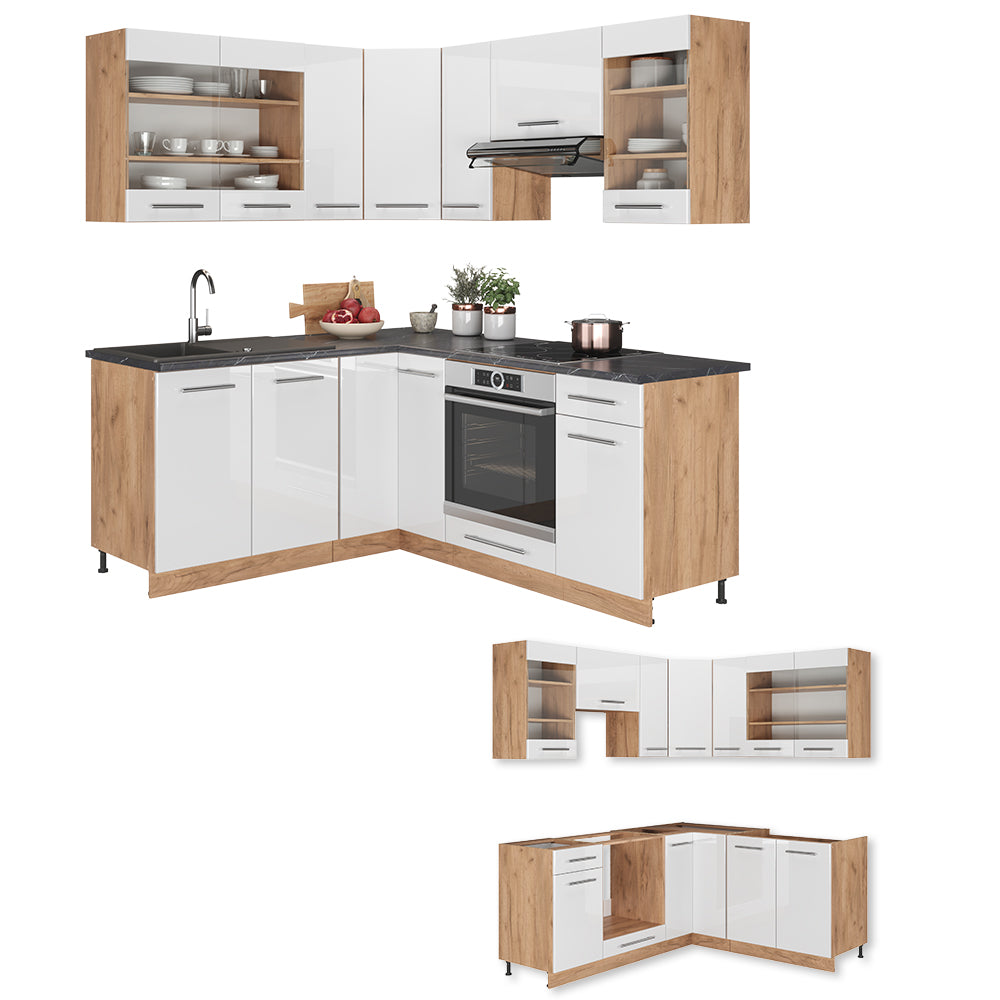 Vicco Cucina angolare completa Bianco lucido/oro power oak 160 x 190 cm , PL Antracite