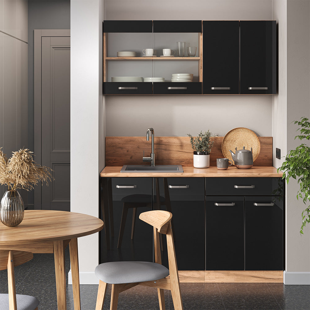 Vicco Cucina monoblocco Rovere nero/oro lucido 140 cm senza piano di lavoro