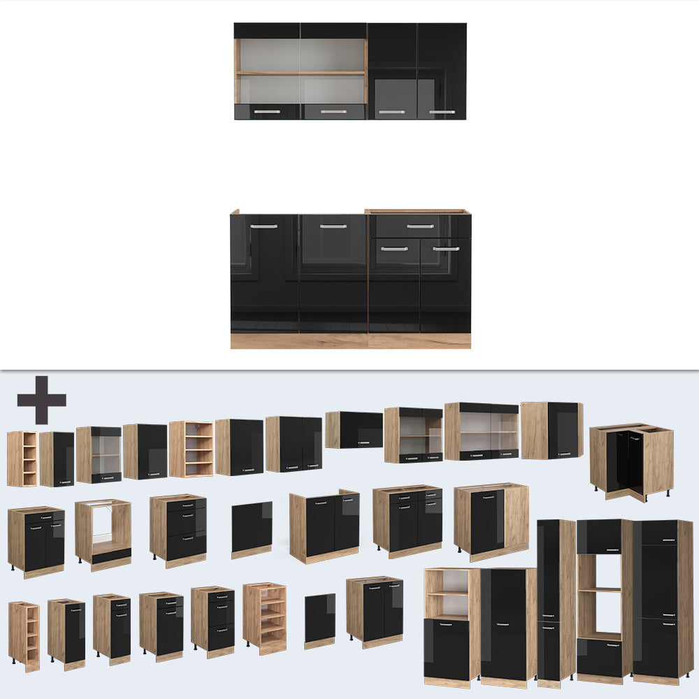 Vicco Cucina monoblocco Rovere nero/oro lucido 140 cm senza piano di lavoro