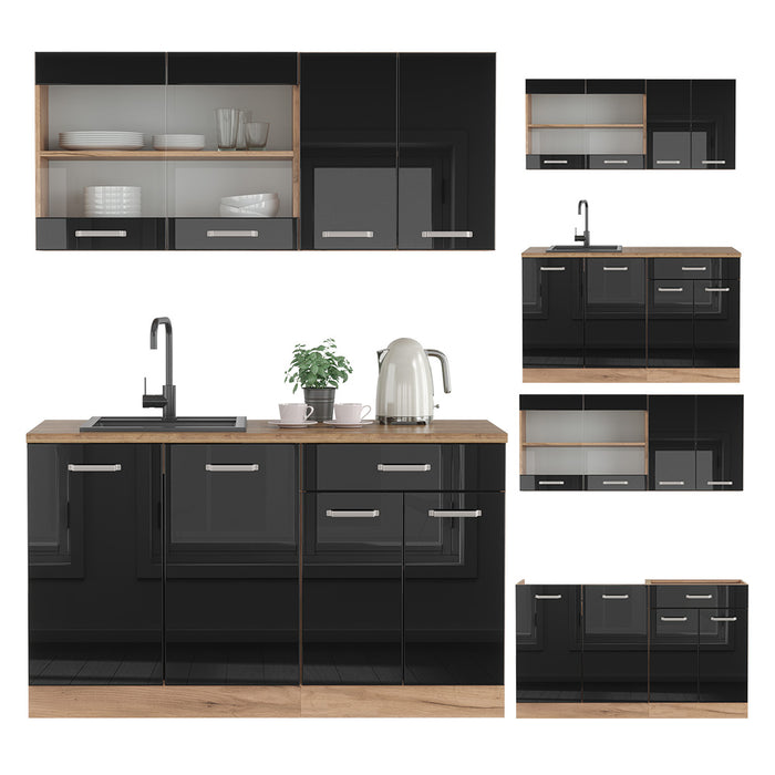 Vicco Cucina monoblocco Rovere nero/oro lucido 140 cm senza piano di lavoro