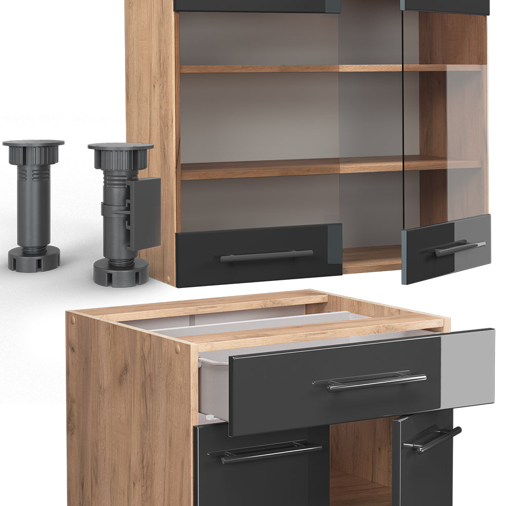 Vicco Cucina completa Antracite lucido/oro power oak 140 cm senza piano di lavoro