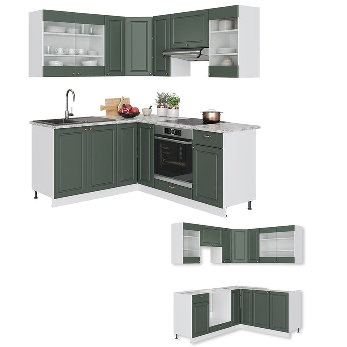 Vicco Cucina angolare completa Verde-oro Country House/Bianco 160 x 60 cm senza piano di lavoro