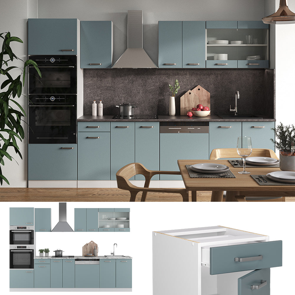 Vicco Cucina componibile Blu-grigio/bianco 300 cm con armadio alto, PL Rovere
